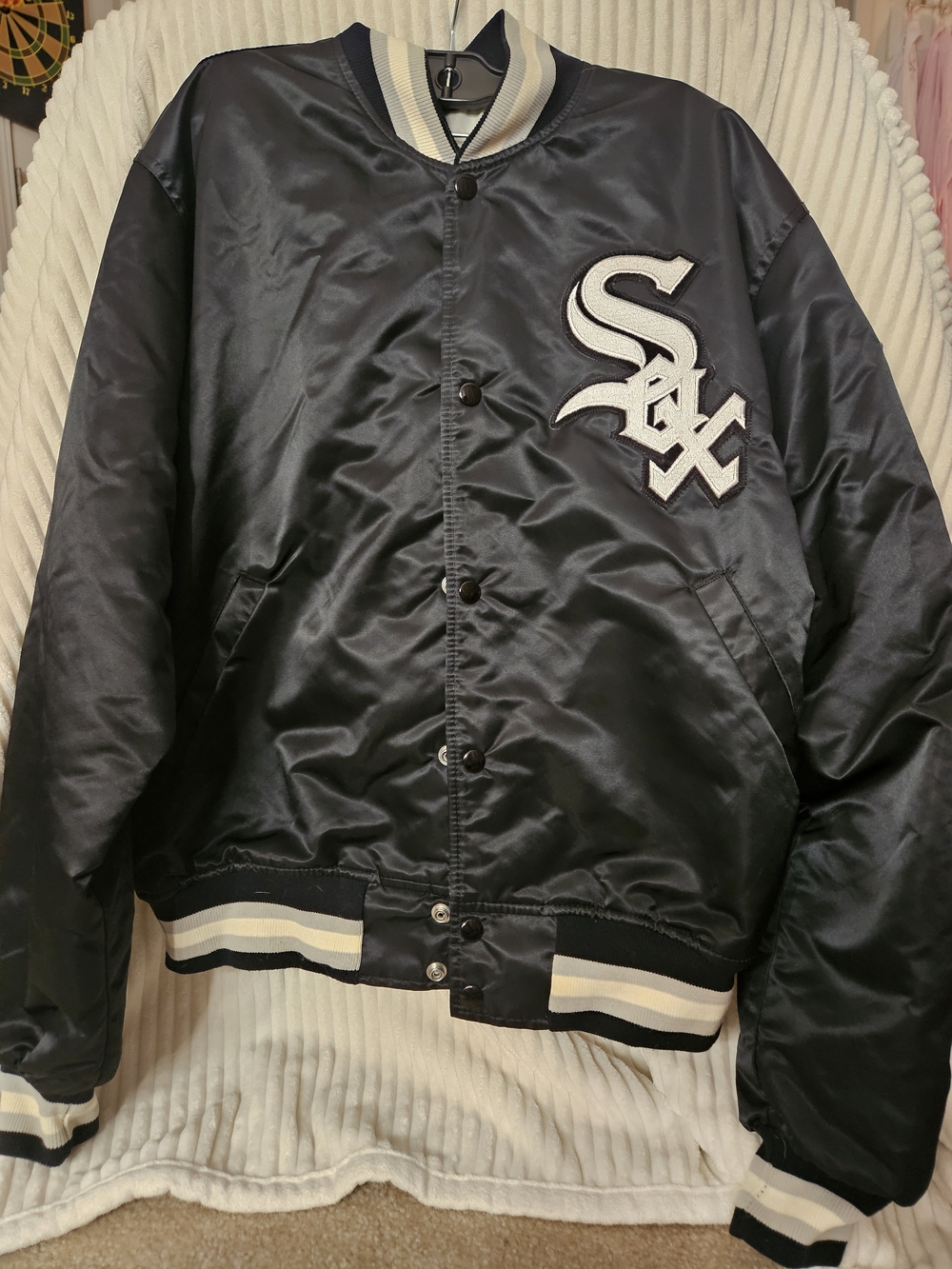 STARTER Black Satin Bomber Jacket with White Team Patch